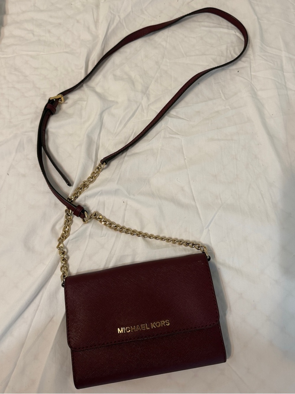 Michael Kors Burgundy Leather Crossbody with Gold Chain Strap